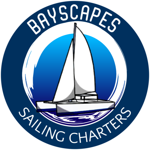Logo of Bayscapes Sailing Charters featuring a sailboat and waves, representing sailing adventures on the bay with the words "Bayscapes Sailing Charters"