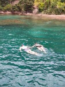 Guests snorkelling in clear blue water during a sailing charter