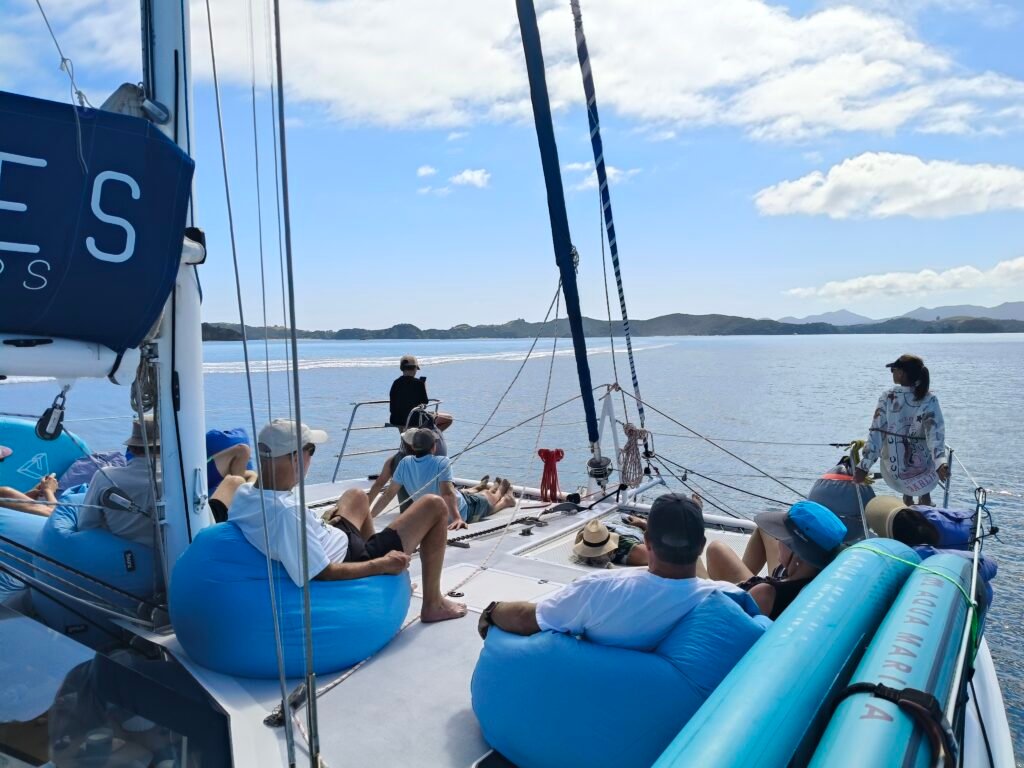 Catamaran sailing charter in the Bay of Islands with guests relaxing on deck