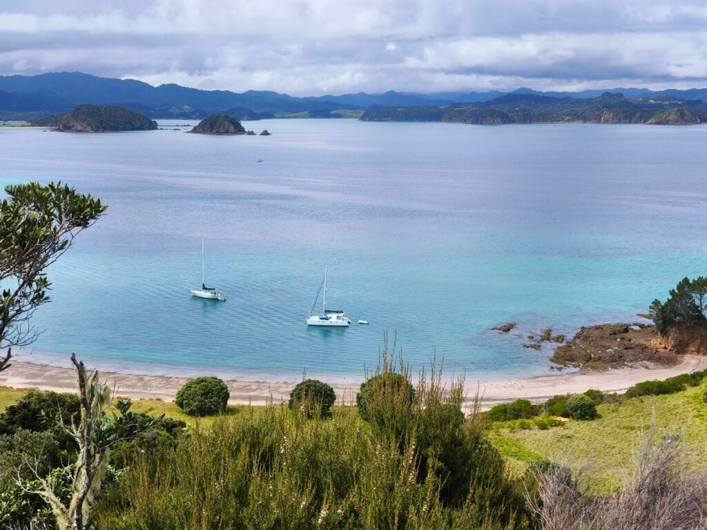 Catamaran anchored for an island stop in the Bay of Islands