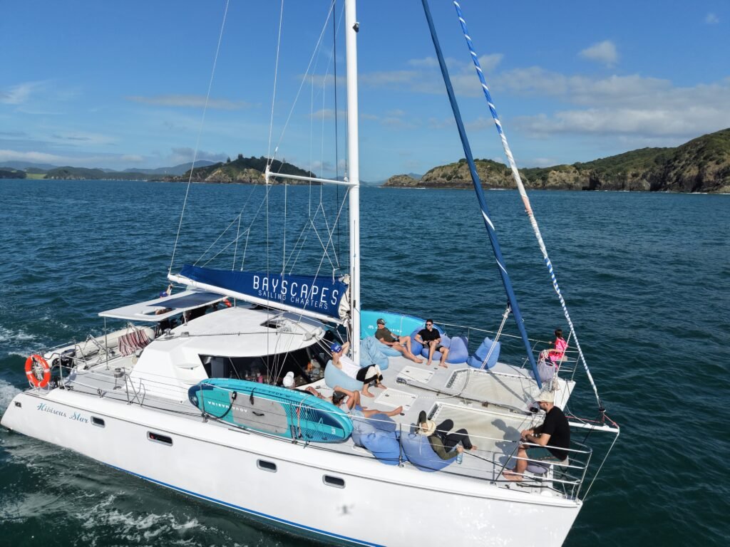 Catamaran sailing in the Bay of Islands with wide decks and ocean views