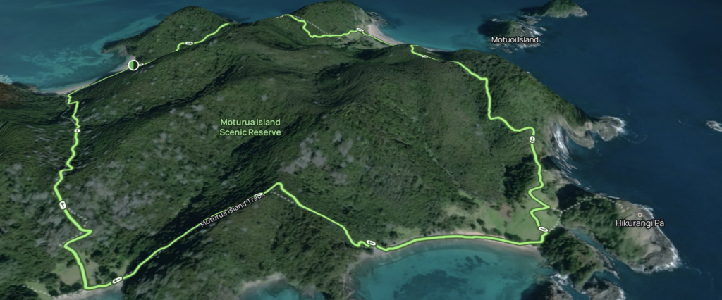 Aerial view of Moturua Island in the Bay of Islands displaying the 4.5km walking route for bayscapes sailing charter and hike tour