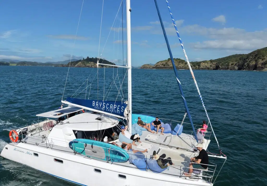 Guests relax onboard a catamaran sailing charter with Bayscapes Sailing Charters in the Bay of Islands