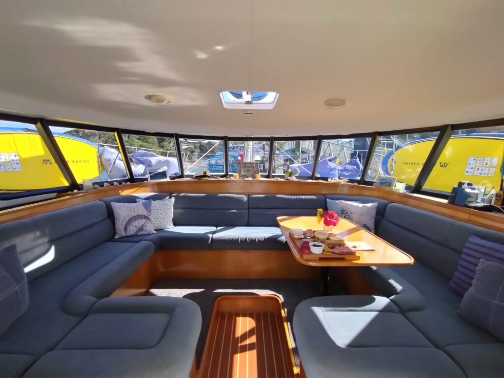 The interior saloon area of 40ft sailing catamaran hibiscus star